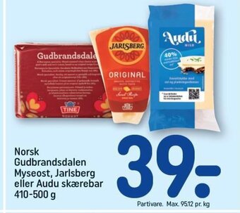Norsk Gudbrandsdalen Myseost, Jarlsberg eller Audu skærebar 410-500 g