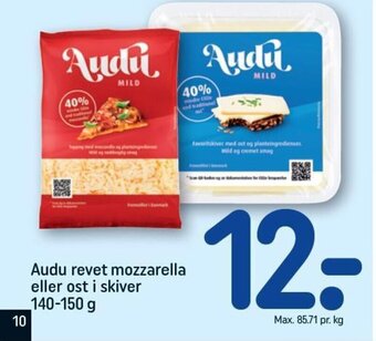 REMA 1000 Audu revet mozzarella eller ost i skiver 140-150 g tilbud