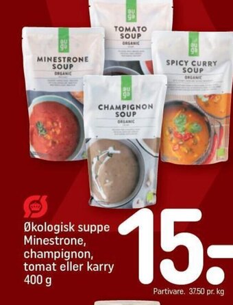 Økologisk suppe Minestrone, champignon, tomat eller karry 400 g