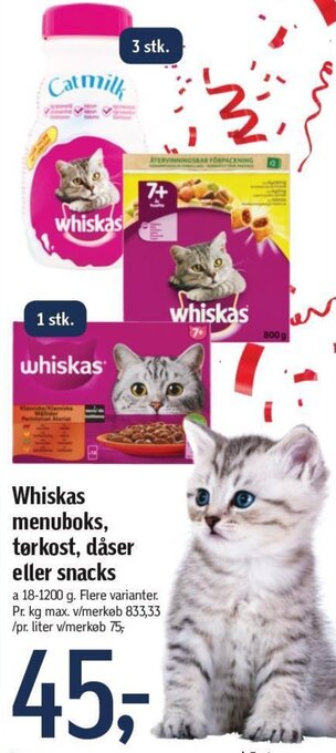 Føtex Whiskas menuboks, tørkost, dåser eller snacks tilbud