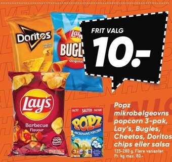 Bilka Popz mikrobølgeovns popcorn 3-pak, lay´s, bugles, cheetos, doritos chips eller salsa tilbud