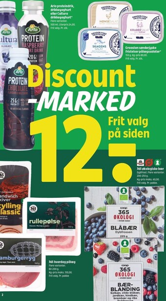 Coop 365 Arla proteindrik, drikkeyoghurt eller cultura drikkeyoghurt, graasten sønderjyske fristelser pålægssalater, 365 økologiske bæ tilbud
