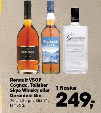 Renault vsop cognac, talisker skye whisky eller geranium gin