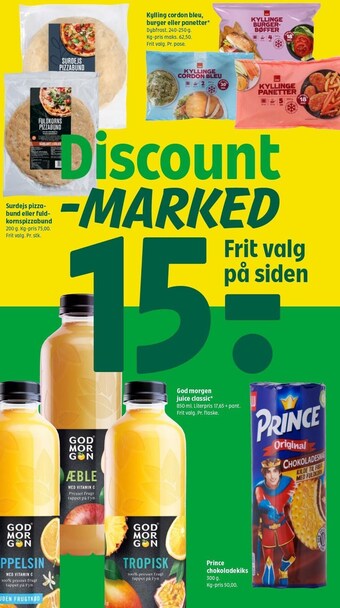 Coop 365 Kylling cordon bleu, burger eller panetter, surdejs pizzabund eller fuldkornspizzabund, god morgen juice classic el. prince c tilbud