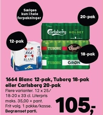 Kvickly 1664 blanc 12-pak, tuborg 18-pak eller carlsberg 20-pak tilbud