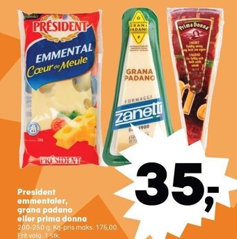 SuperBrugsen President emmentaler, grana padano eller prima donna tilbud