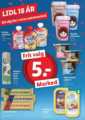 Semper smoothie, matilde milkshake, affaldsposer, high protein yoghurt, toms guld barre eller 3-stjernet pålæg