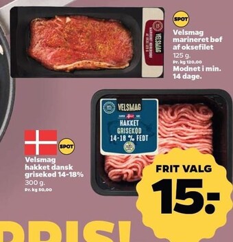 Netto Velsmag marineret bøf af oksefilet el. hakket dansk grisekød 14-18% tilbud