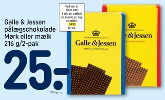 REMA 1000 Galle & Jessen pålægschokolade Mørk eller mælk 216 g/2-pak tilbud