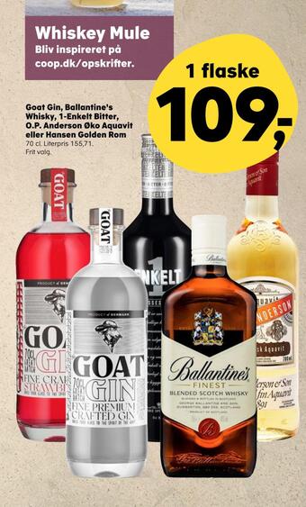 Kvickly Goat gin, ballantine's whisky, 1-enkelt bitter, o.p. anderson øko aquavit eller hansen golden rom tilbud
