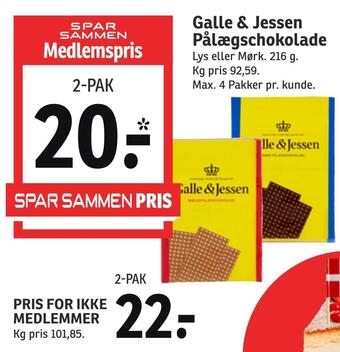 SPAR Galle & jessen pålægschokolade tilbud