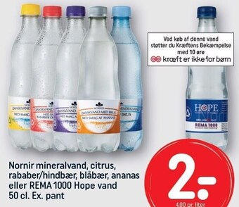 REMA 1000 Nornir mineralvand, citrus, rabarber/hindbær, blåbær, ananas eller rema 1000 hope vand tilbud