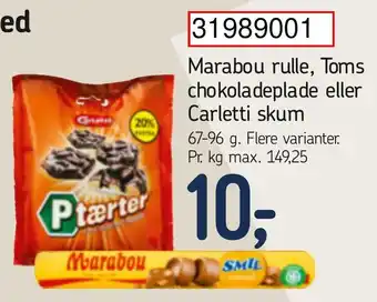 Føtex Marabou Rulle, Toms Chokoladeplade eller Carletti Skum 67-96 g tilbud
