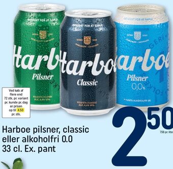 REMA 1000 Harboe pilsner, classic eller alkoholfri 0.0 33 cl. Ex. pant tilbud