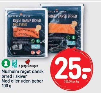 REMA 1000 Musholm røget dansk ørred i skiver Med eller uden peber 100 g tilbud