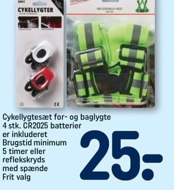 Cykellygtesæt for- og baglygte 4 stk. CR2025 batterier er inkluderet Brugstid minimum 5 timer eller reflekskryds med spænde
