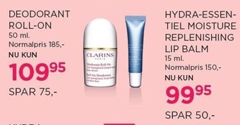 Salling Clarins deodorant roll-on eller hydra-essentiel moisture replenishing lip balm tilbud