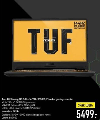 Asus TUF Gaming F15 i5-11H/16/512/3050 15,6" bærbar gaming computer