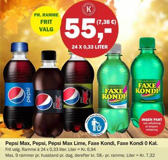 Købmandsgården Pepsi max, pepsi, pepsi max lime, faxe kondi, faxe kondi 0 kal tilbud
