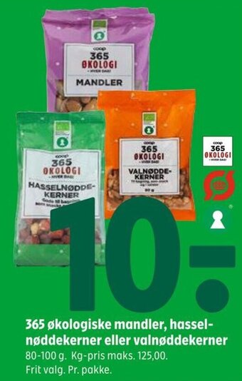 Coop 365 365 økologiske mandler, hassel-nøddekerner eller valnøddekerner tilbud