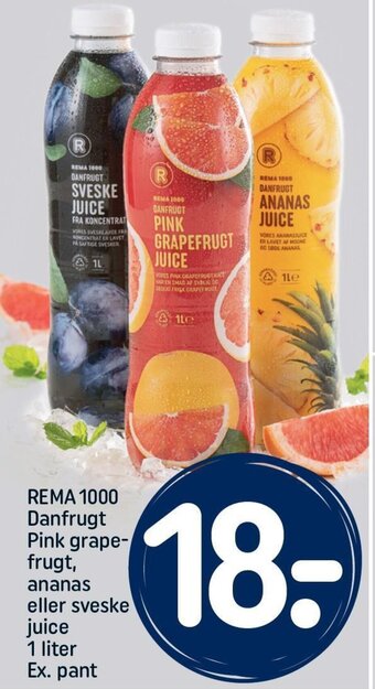 REMA 1000 REMA 1000 Danfrugt Pink grape-frugt, ananas eller sveske juice 1 liter Ex. pant tilbud