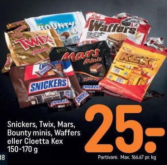 REMA 1000 Snickers, Twix, Mars, Bounty minis, Waffers eller Cloetta Kex 150-170 g tilbud