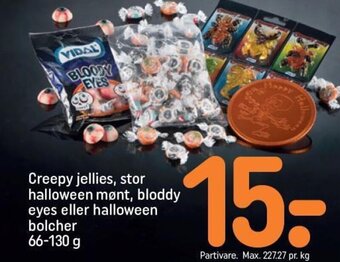 REMA 1000 Creepy jellies, stor halloween mønt, bloddy eyes eller halloween bolcher tilbud
