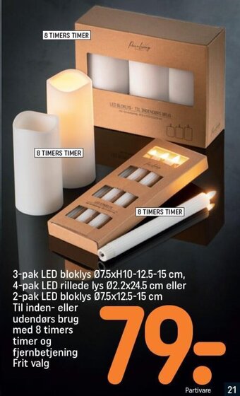 REMA 1000 3-pak LED bloklys Ø7.5xH10-12.5-15 cm, 4-pak LED rillede lys Ø2.2x24.5 cm eller 2-pak LED bloklys Ø7.5x12.5-15 cm tilbud