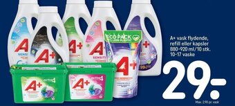 REMA 1000 A+ vask flydende, refill eller kapsler 880-920 ml/10 stk. 10-17 vaske tilbud