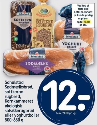 Rema 1000 Schulstad Sødmælksbrød, softkerne rugbrød, Kornkammeret økologisk solsikkerugbrød eller yoghurtboller 500-650 g tilbud