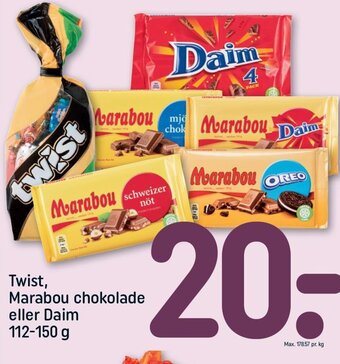 Rema 1000 Twist, Marabou chokolade eller Daim 112-150 g tilbud