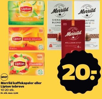 Netto Merrild kaffekapsler eller Lipton tebreve 10-20 stk. tilbud