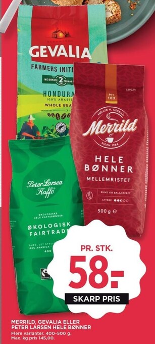 MENY Merrild, gevalia eller peter larsen hele bønner tilbud