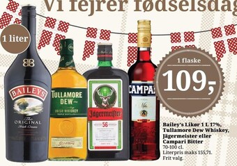Bailey´s likør 1 l 17% tullamore dew whiskey, jägermeister eller campari bitter