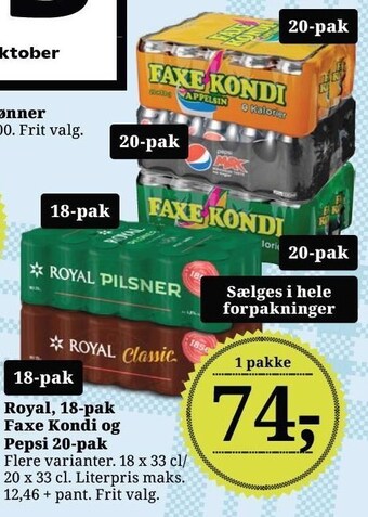Dagli'Brugsen Royal, 18-pak faxe kondi og pepsi 20-pak tilbud