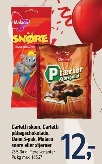 Føtex Carletti skum, carletti pålægschokolade, daim 3-pak, malaco snøre eller stjerner tilbud