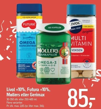Føtex Livol +10%, futura +10%, møllers eller gerimax tilbud