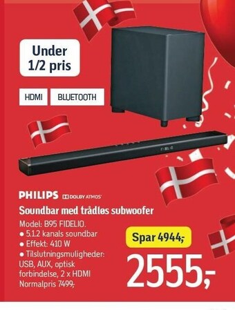 Føtex Philips soundbar med trådløs subwoofer tilbud