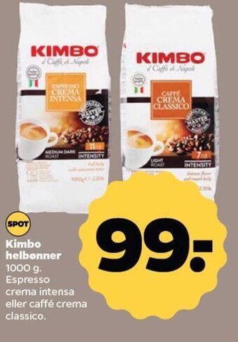 Netto Kimbo helbønner 1000 g. Espresso crema intensa eller caffé crema classico. tilbud