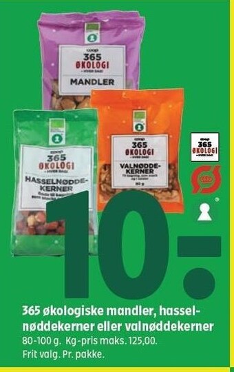 Coop 365 365 økologiske mandler, hasselnøddekerner eller valnøddekerner tilbud