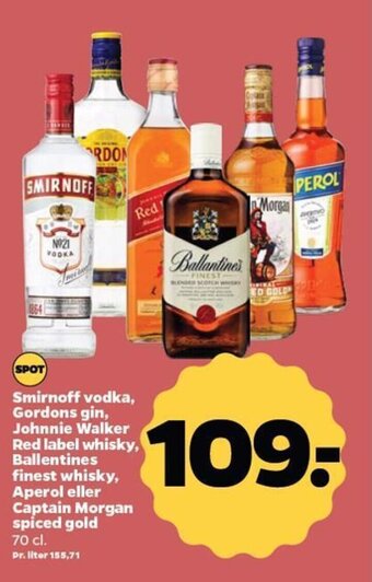 Netto Smirnoff vodka Gordons gin Johnnie Walker Red label whisky Ballentines finest whisky, Aperol eller Captain Morgan spiced gold tilbud