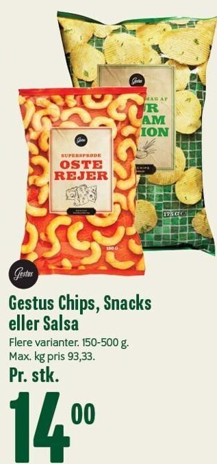 Min Købmand Gestus chips, snacks eller salsa tilbud