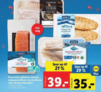Lidl Panerede sejfileter, danske rødspættefileter, torskefileter eller færøsk laksefilet tilbud