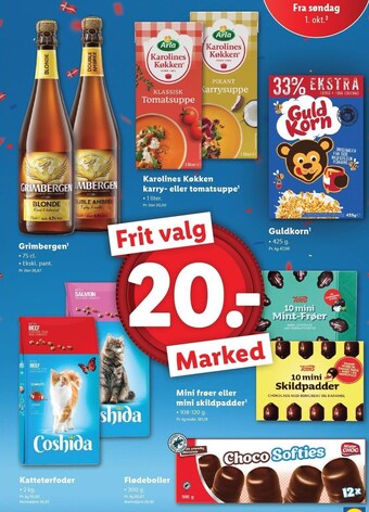 Lidl Grimbergen, karolines køkken karry- eller tomatsuppe, guldkorn, kattetørfoder, flødeboller eller mini frøer eller mini skildp tilbud