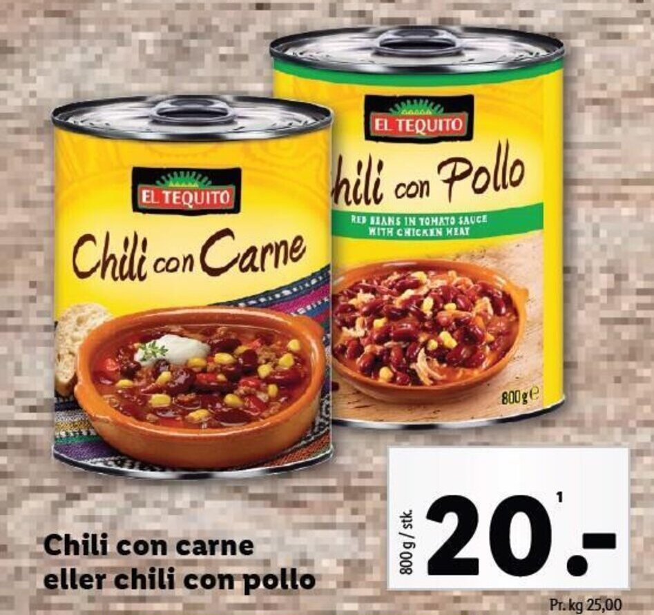 Chili con carne eller chili con pollo tilbud hos Lidl