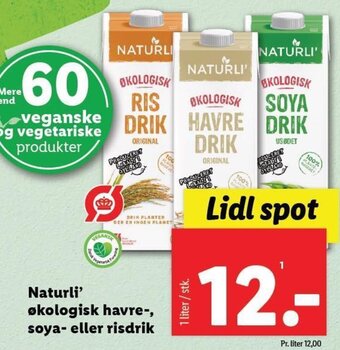 Lidl Naturli' økologisk havre-, soya- eller risdrik tilbud