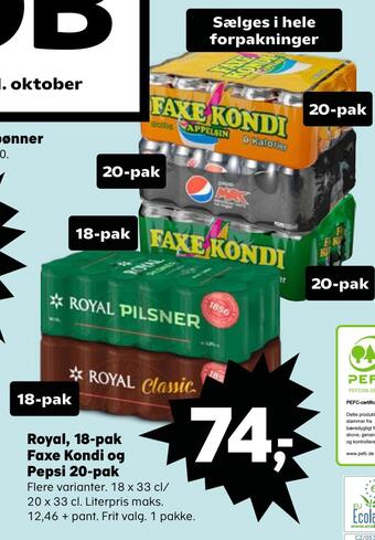 Kvickly Royal, 18-pak faxe kondi og pepsi 20-pak tilbud