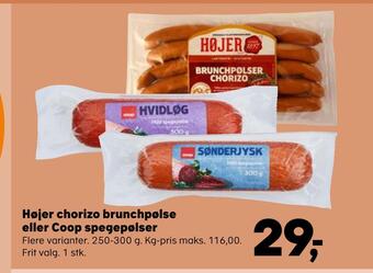 SuperBrugsen Højer chorizo brunchpølse eller coop spegepølser tilbud