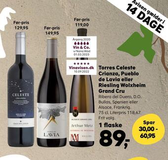 SuperBrugsen Torres celeste crianza, pueblo de lavia eller riesling wolxheim grand cru tilbud
