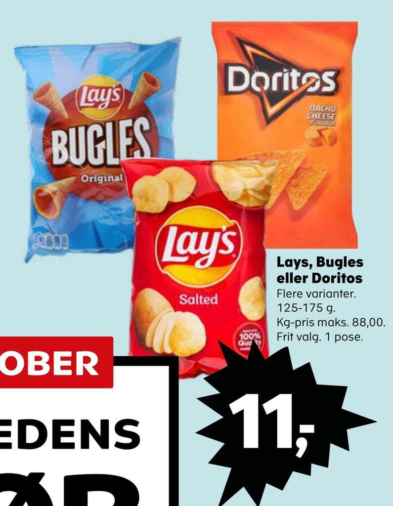 Lays, bugles eller doritos tilbud hos SuperBrugsen
